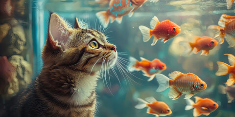 A cute cat looking at the fish in an aquarium, generative AI