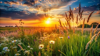Landscape with tall grass and flowers in foreground, setting sun in background