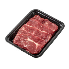 Fresh raw marbled beef steaks packaged in a black tray, ready for cooking. Ideal for gourmet meals, barbecues, and grilling enthusiasts.