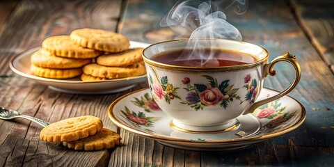 Fototapeta premium Steaming cup of tea and biscuits on vintage plate in cozy setting