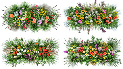 High angle view of colorful bushes and wildflowers isolated on white background.