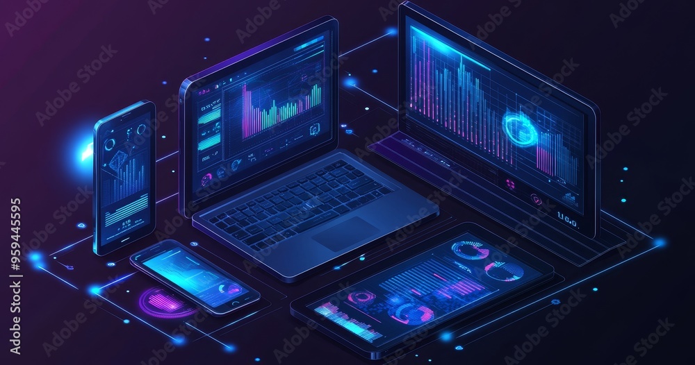 Aufkleber Isometric illustration of multiple devices connected with each other, displaying data and charts.