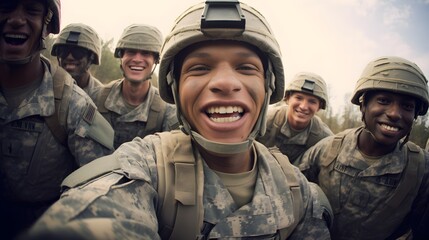 Fototapeta premium Army Soldiers Smiling Group Selfie Military Uniform Camouflage
