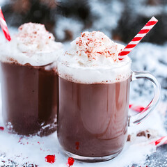 Two mugs of hot chocolate topped with whipped cream and sprinkled with red candy cane crumbs, adorned with red and white striped straws.

