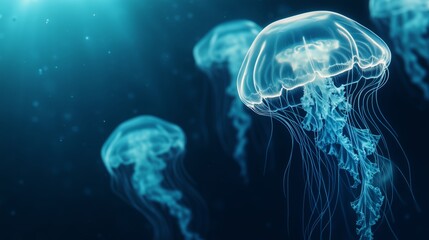 Jellyfish with long tentacles and a transparent body swimming in the blue ocean depths, illuminated by natural underwater light.
