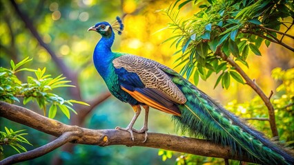 Vibrant peacock perched on lush tree branch surrounded by foliage, with soft blurred backdrop