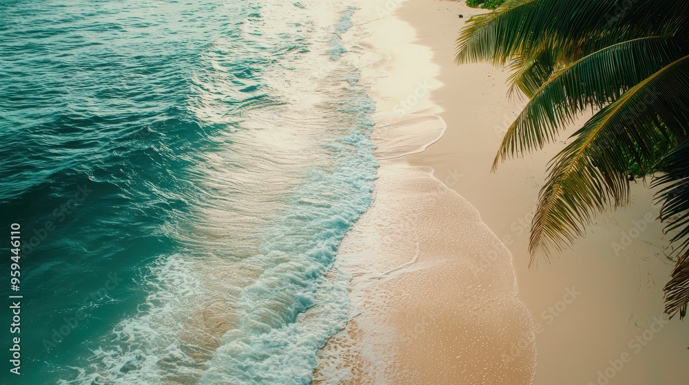 Canvas Prints Tropical Beach with Palm Tree and Waves Crashing on Shore