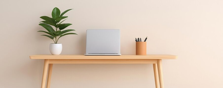 Minimalist office space with a focus on digital nomad lifestyle, use in line, modern remote work, sleek setup, neutral and calming shades