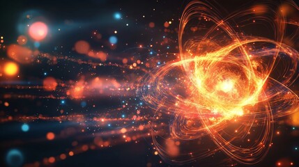 Obraz premium Abstract background of glowing particles symbolizing atoms and energy. Concept of fusion energy or quantum technology.