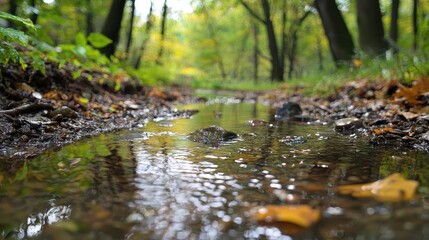 Fototapeta premium Stream of Water in Autumn Forest with Bokeh Background