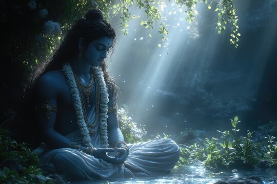 Supreme deity Vishnu: omnipotent divine figure in Vaishnavism, attributes Sudarshan, Padma, Shankha, Kaumodaki, with his vahana Garuda, reflecting his importance in Hindu mythology, major festivals.