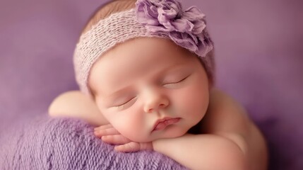 Serene Close-up of Newborn Sleeping on Pastel Lavender Background