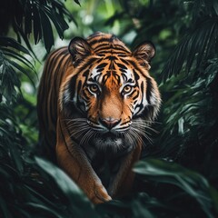 A majestic tiger prowls through lush greenery, showcasing its powerful and striking presence in the wild.