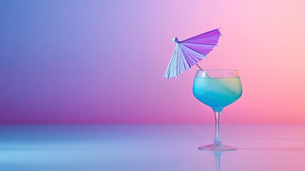 A refreshing tropical cocktail in a stylish glass, adorned with a colorful umbrella, set against a soft gradient background.