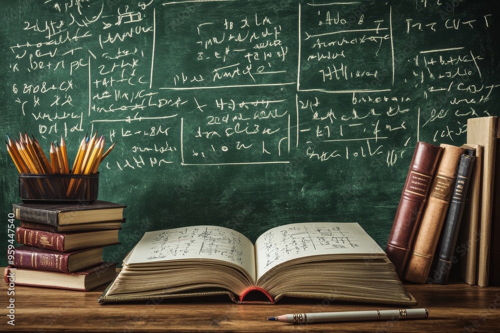 Aufkleber open book with pencils on a wooden table, a chalkboard with mathematical formulas in the background.