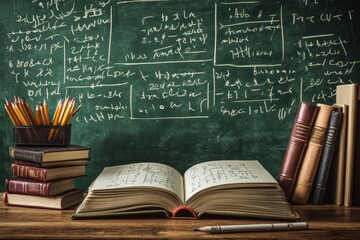 Open book with pencils on a wooden table, a chalkboard with mathematical formulas in the background.