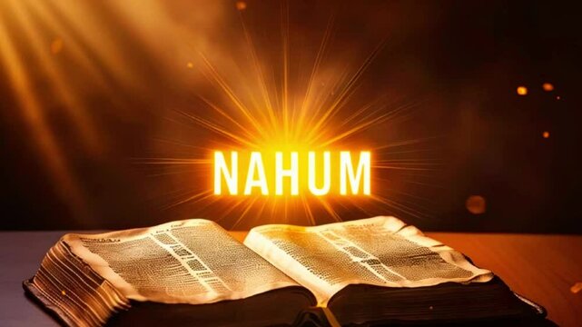 Open bible with glowing light and the word Nahum shining above it on a wooden table.