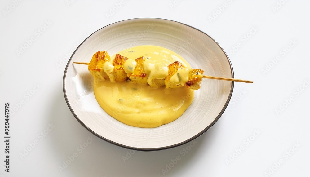 Wall mural yakitori with cheese sauce on white background isolated