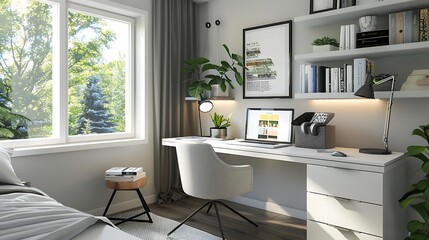 Fototapeta premium Modern home office with white desk laptop and headphones