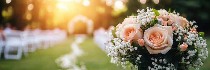 A stunning bridal bouquet filled with roses and lilies showcases romance, set against a blurred wedding aisle during a sunny outdoor ceremony. Generative AI