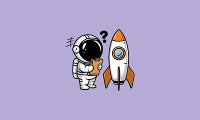 Astronaut holding a clipboard beside a small orange rocket.