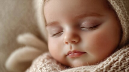 Serene Chilean Newborn Baby in Soft Lighting Close-Up with Calm Innocence on Neutral Palette Background