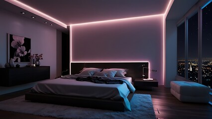 modern living room interior design with neon light . perfect for gaming man, couple, interior lover, neon , fps lover. false ceiling design, gaming room, computer setup.dream room  