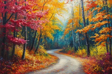 A winding dirt road leads through a colorful autumn forest. The trees are ablaze with red, orange, and yellow leaves. Sunlight filters through the canopy, casting long shadows on the ground.