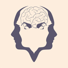 Dual face portrait with brain between. Schizophrenia and split personality disorder and mental health psychiatric disease concept. Mental health. Teamwork