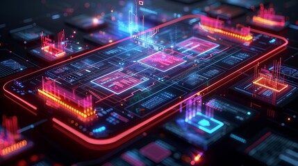 Fototapeta premium Futuristic smartphone with a digital circuit board design and glowing neon lights, symbolizing advanced technology and innovation. 