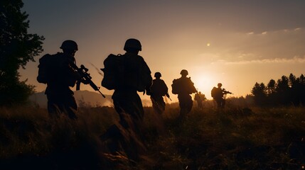 Silhouettes of Soldiers Walking Through Grass at Sunset
