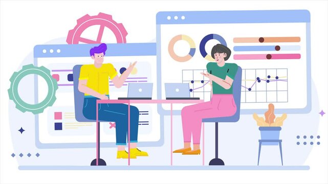 Creative team analyzing business data on laptops in a modern workspace with charts and graphs illustration business animated video