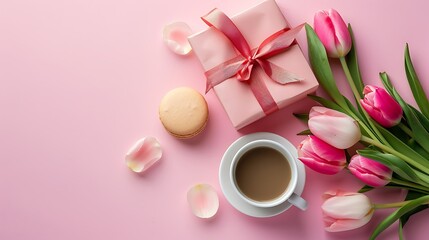 Morning cup of coffee cake macaron gift or present box and spring tulip flowers on pink background