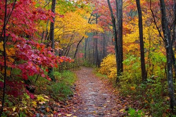 Obraz premium A winding path through a colorful autumn forest, with vibrant red, orange, and yellow leaves scattered on the ground.