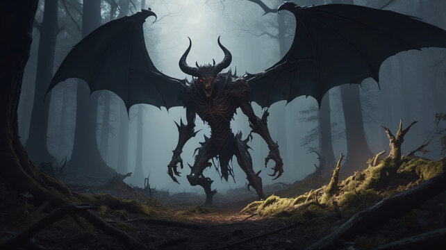 A menacing demon with twisted horns and bat-like wings stalks through a shadowy, twisted forest. The trees are gnarled and devoid of leaves, their branches reaching out like skeletal hands. - Powered by Adobe