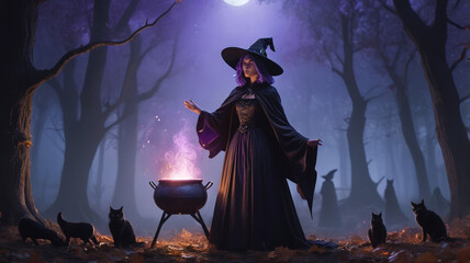 A powerful witch stands in a clearing under a full moon, brewing a potion in a large, iron cauldron. The cauldron bubbles with a glowing, purple liquid, casting an eerie light 