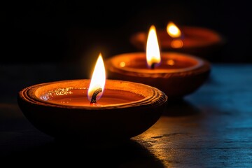 Diwali, Hindu festival of lights celebration. Diya oil lamps against dark background with generative ai