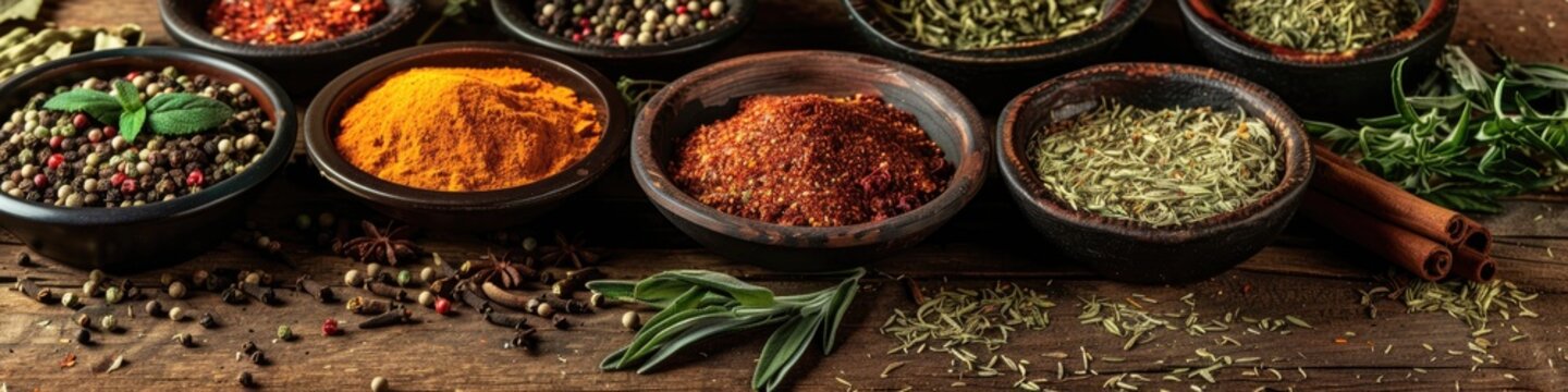 Collection of herbs and spices displayed on a rustic wooden kitchen table