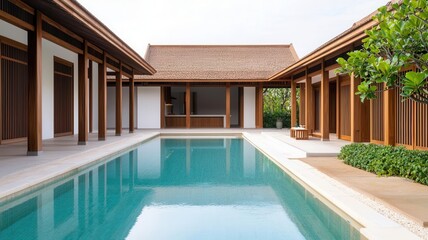 A serene modern villa with a tranquil pool surrounded by stylish wooden architecture and lush green landscaping.