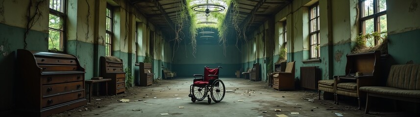 pi&egrave;ce vide h&ocirc;pital chaise roulante v&eacute;g&eacute;tation vieux abandonn&eacute;
