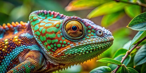 Obraz premium Closeup of a chameleon blending into lush foliage with intricate mosaic skin patterns