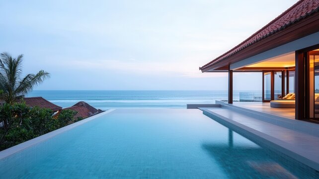 A serene infinity pool overlooking the ocean, framed by tropical architecture and lush greenery, perfect for relaxation and escape.