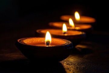 Diwali, Hindu festival of lights celebration. Diya oil lamps against dark background with generative ai