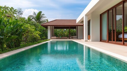 Luxurious villa with a serene pool, surrounded by tropical greenery and a clear blue sky, ideal for relaxation and vacation.