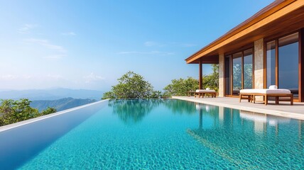 Luxurious villa with infinity pool overlooking stunning landscape, perfect for relaxation and rejuvenation in a serene environment.