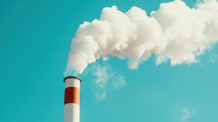 White Smoke Plume Rising from Industrial Chimney Against Blue Sky