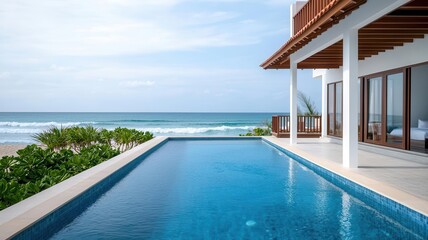 Fototapeta premium Luxury villa with ocean view, featuring a serene swimming pool beside the beach, ideal for relaxation and vacation.