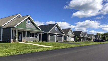 Fototapeta premium A row of identical, newly built suburban homes with green lawns and a paved road.