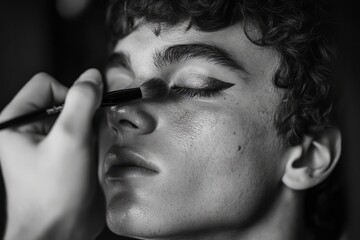 feminine man applying makeup to his face