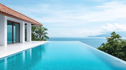 Fototapeta premium Stunning infinity pool overlooking a serene ocean, surrounded by lush greenery and a modern villa in a tranquil paradise setting.